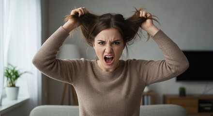 An aggressive short-tempered businesswoman dealing with hypertension and heated office moments. generative ai