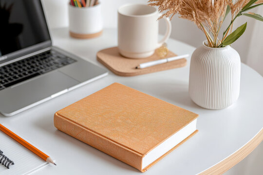 Cozy workspace with closed book, laptop, and coffee on white desk - Powered by Adobe