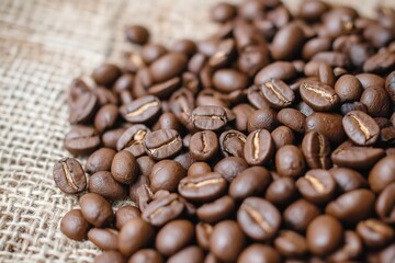 Obraz premium Light Roasted Coffee Beans Piled on Natural Burlap Background 