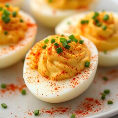 Close-Up of Delicious Deviled Eggs Garnished with Paprika and Fresh Chives