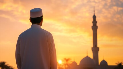 Dusk Prayer: Man in Traditional Islamic Attire Standing by Majestic Mosque Minaret, Symbol of Faith and Devotion