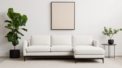 Modern living room featuring a stylish couch and decorative plants.