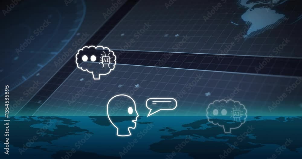 Poster animation of ai icons and speech bubble over world map for digital communication