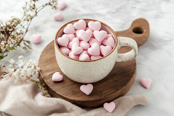 White ceramic cup filled with pink heart-shaped marshmallows on a wooden board with delicate flowers creating a soft and romantic atmosphere on a marble background  