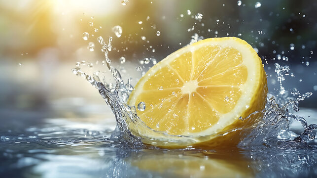 Advertising photo, lemon in motion, dynamic splash, refreshing background