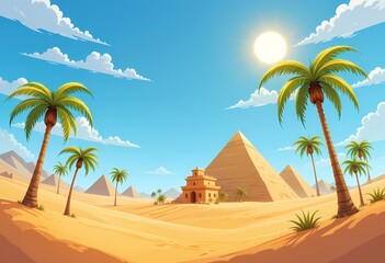 Cartoon Egyptian Desert Landscape, Pyramids, palm trees, and desert sun.
