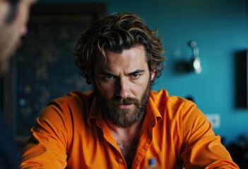 Obraz premium Intense man with a beard wearing an orange shirt, gazing thoughtfully