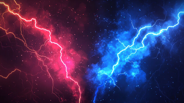 Red and blue lightning background vector illustration, thunderstorm electric flash light.