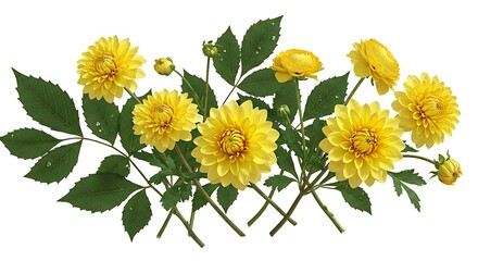 Botanical Elegance: Lush Yellow Blooms with Delicate Branches & Leaves on White