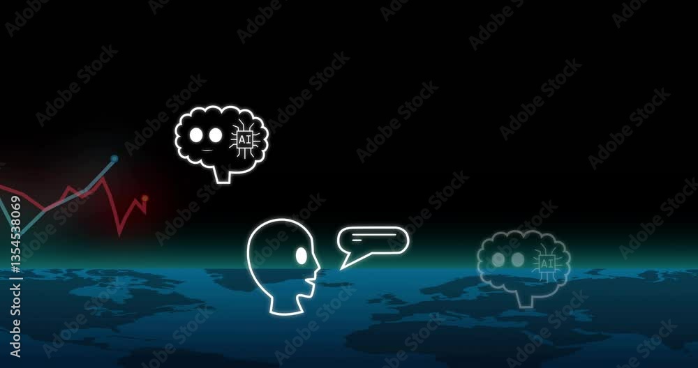 Poster animation of human and brain icons exchanging messages on school data chart map