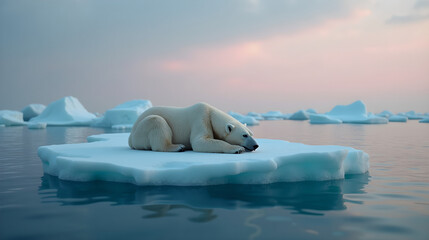 Naklejka premium A poignant photograph of a polar bear stranded on a tiny, shrinking iceberg in the middle of the vast ocean