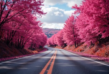 Fototapeta premium A scenic road lined with vibrant pink trees under a blue sky