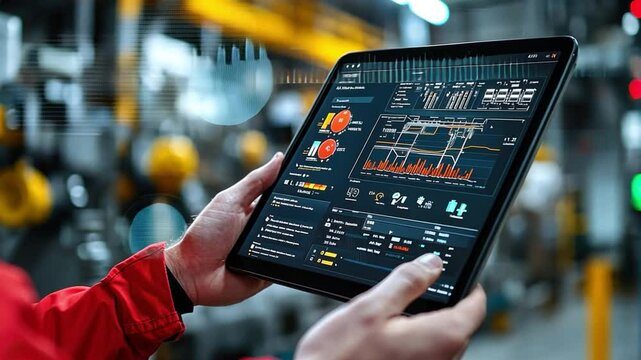 Hands-On Tech: A detailed view of a person using a tablet computer to monitor sophisticated industrial machinery and data readouts, demonstrating modern technology in the factory.