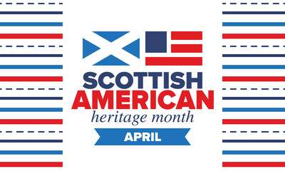 Scottish American Heritage Month. Scotland and United States flag. Scotland blue color. Happy holiday celebrate in April. Culture month. Patriotic design. Poster, card, banner, template. Vector art