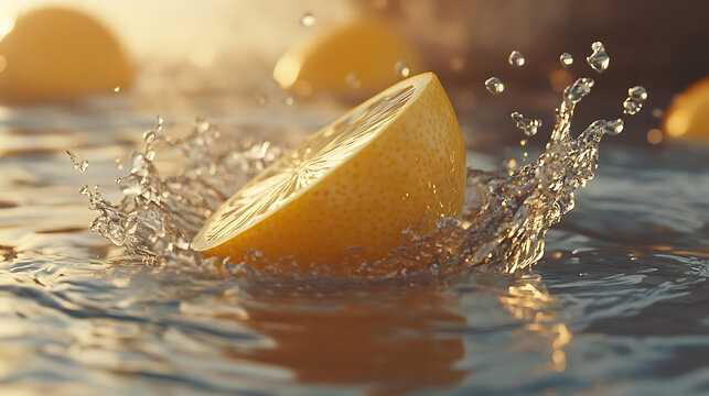 Lemon splash, refreshing mood, macro photography, water droplets background