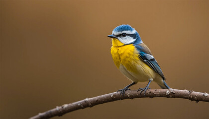 Obraz premium Blue and yellow bird on branch with brown background