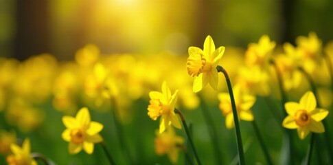 Obraz premium Dense yellow daffodils in a sun-drenched meadow, flowers, garden, landscape