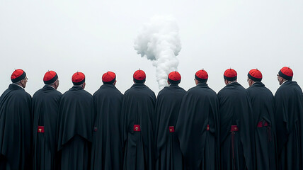Cardinals in black attire gather, awaiting the white smoke signal for the new Pope at St isolated on white background.