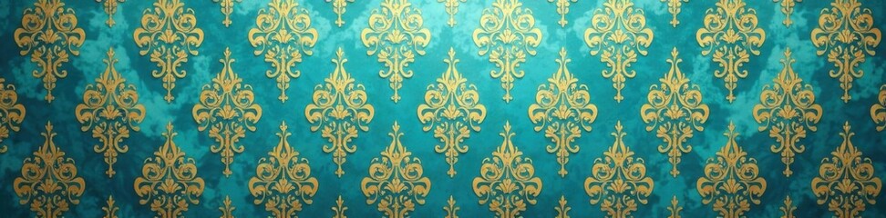Elegant Repeat Damask Wallpaper in Gold and Turquoise Hues , luxury, pattern