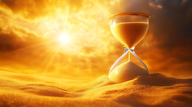 Hourglass on sand, reflective mood, time concept, sunset background