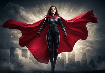 Powerful woman superhero in a dark suit and flowing red cape against a dramatic cityscape and cloudy sky. Concept of strength and heroism.