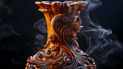 Ornate wooden vase with intricate carvings.  Intricate details of dragons and other mythical creatures are highlighted against a dark backdrop.  Exquisite craftsmanship