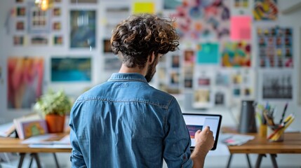Back view of graphic designer working tablet hands cropped below elbows modern desk with mood boards