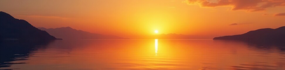 Obraz premium Serene sunrise, golden light on still sea; tranquil reflection, clouds, golden sunrise, sky