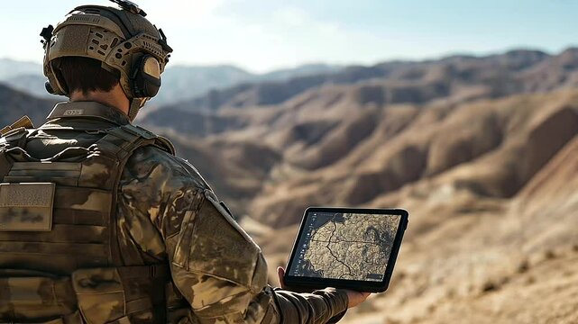 A soldier stands under the harsh desert sun, holding a tablet with a terrain map displayed, while their weapon rests slung over their shoulder.