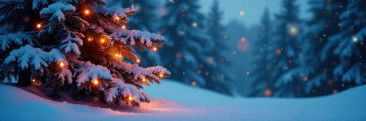 Icy pine tree adorned with vibrant Christmas lights amidst snow-covered winter scenery, snow covered branches , outdoor ambiance