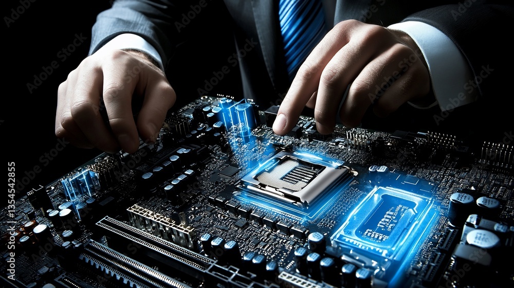 Poster technologist installing a cpu on a motherboard. high-tech engineering concept.