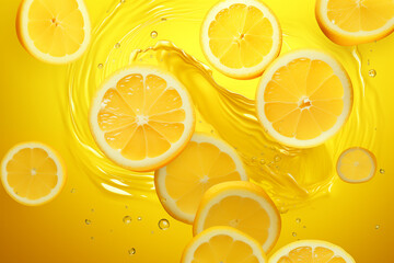 A image of fresh lemon slices Falling into juice whirl, design banner, background