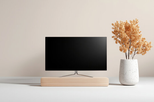 Minimalist desk setup with modern monitor and decorative vase