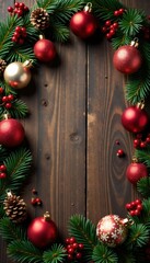 Vintage Christmas ornaments on a wooden table spread with garlands and berries, holiday, decorative