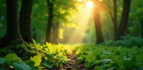 Warm sunlight filters through lush green leaves, illuminating forest floor, leafy, sunlight