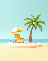 Obraz premium 3D Beach Scene with Palm Tree and Lounge Chair 