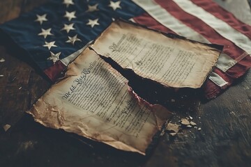 U.S. Constitution torn in half with US flag next to it
