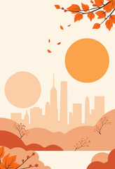 Obraz premium Abstract Cityscape with Autumn Leaves and Orange Sun