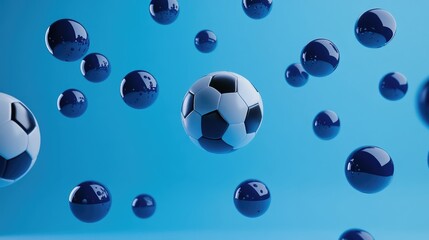 A collection of soccer balls appears to be floating against a solid light blue background.