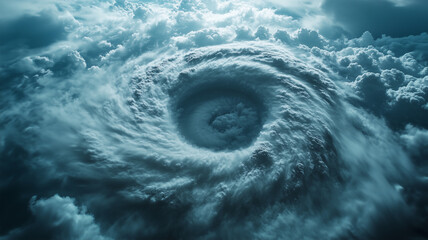 Dark clouds swirl in the sky as a massive hurricane forms above the ocean, with the spiraling cloud formation glowing faintly from the last rays of the setting sun
