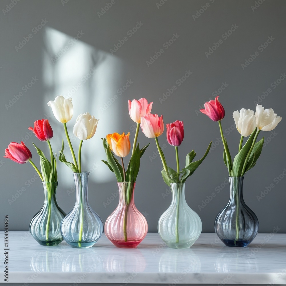 Poster beautiful arrangement of eight small bud vases with vibrant tulips on a stylish table in an elegant 