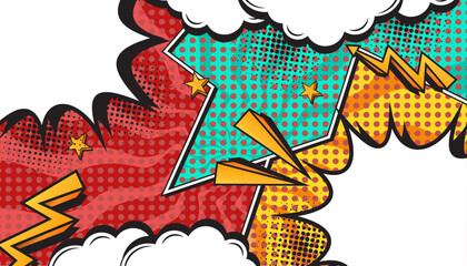 Colorful Retro Comic Explosion Background with Pop Art Style, Halftone Dots, Speech Bubbles, and Dynamic Action Bursts, Featuring a Set of Vibrant Comic Page Frames and blank Conversation Panels