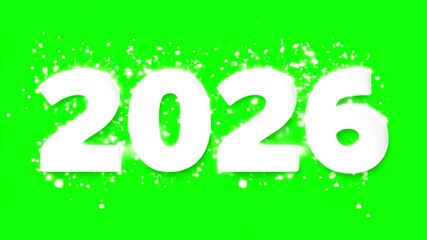 Happy New Year 2026 animation in white letters on green screen background. 3d text animation in white Color with chroma key to remove or replace the background. Animated text that says Happy New Year.