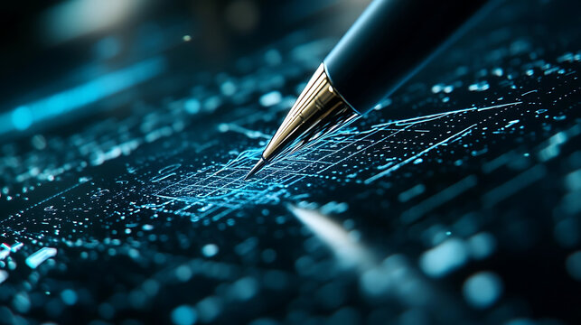 Writing on digital tablet, focused mood, high-tech background, innovation concept