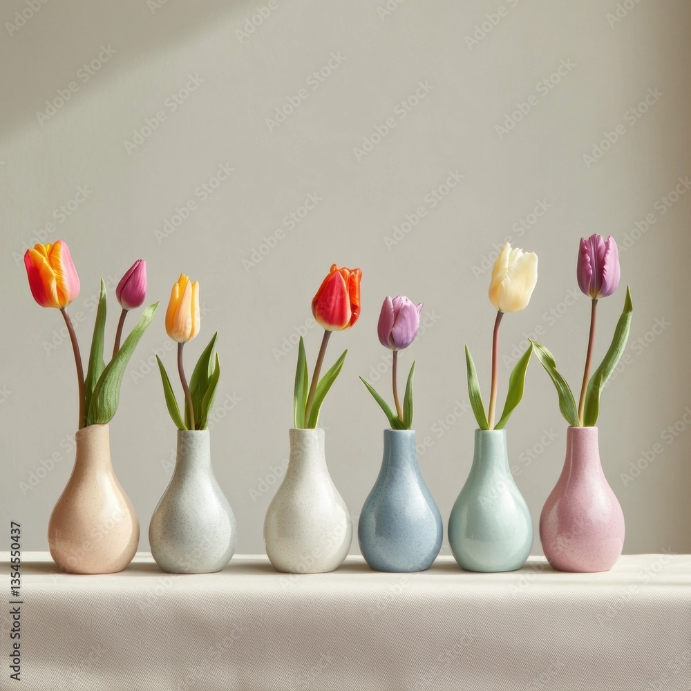 Poster brightly colored tulips arranged in small vases create a cheerful atmosphere on a table in an elegan