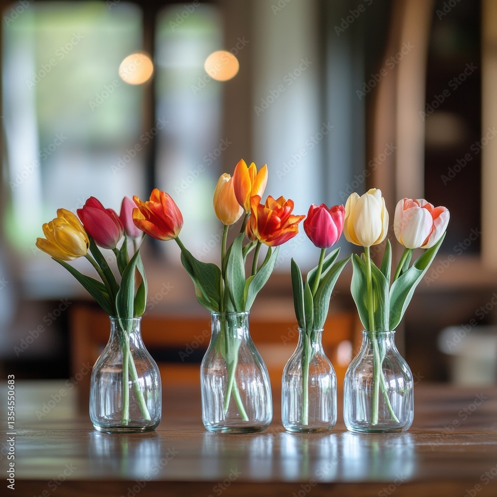 Aufkleber small bud vases filled with colorful tulips arranged throughout a stylish dining table in a bright, 
