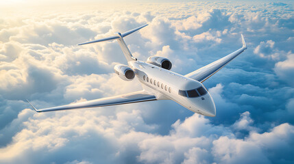Obraz premium A sleek private jet soars through the clouds as sunlight breaks during early morning