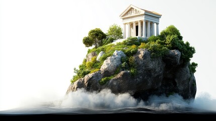 Ancient Temple on Rocky Island Surrounded by Misty Waters
