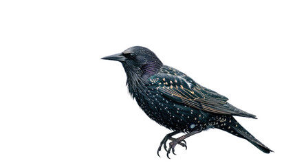 Fototapeta premium Starling Perched: A stunning close-up shot of a starling, showcasing its iridescent plumage and sharp features, perched elegantly, ready to take flight.