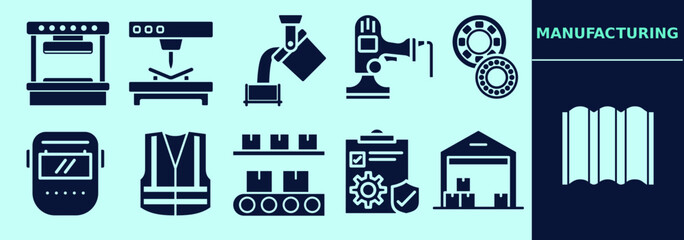 Industry manufacturing icon set with press machine, moulding, conveyor belt, safety vest, casting, sander, welding. Editable elements, size and color.